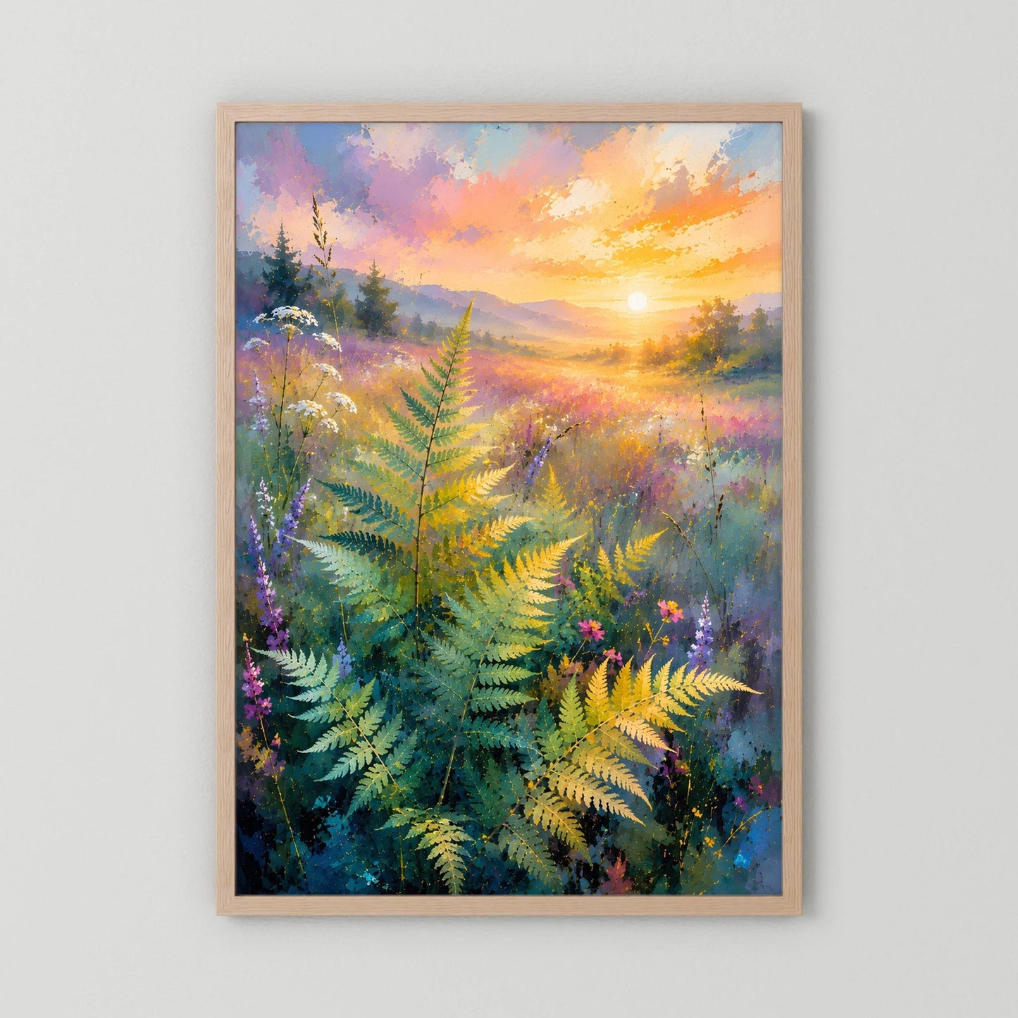 Hochformatiges Poster mit Farnlandschaft in Pastellfarben und Sonnenaufgang, Holzrahmen hell