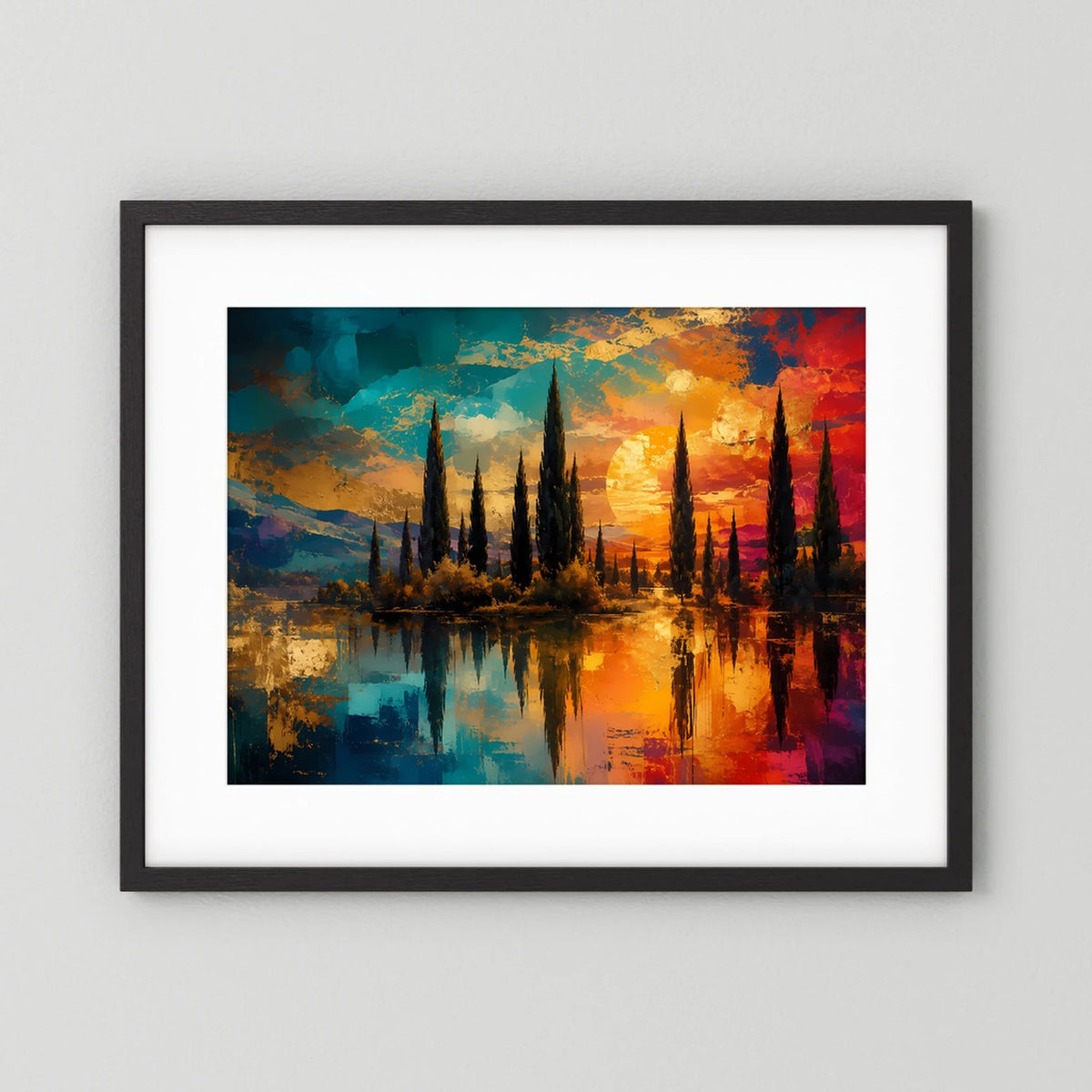 Gerahmtes Kunstposter: abstrakte Zypressenlandschaft im Sonnenuntergang, Querformat