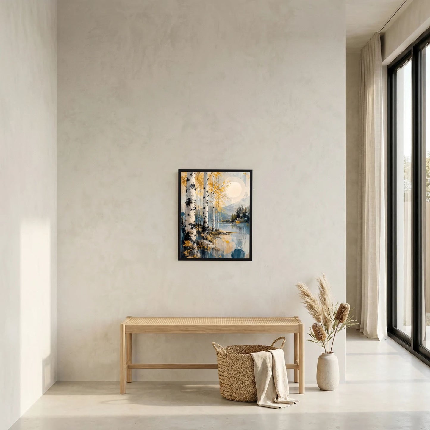 Wandposter im Hochformat mit schwarzem Rahmen: Birkenwald am See in Gold- und Blauschattierungen