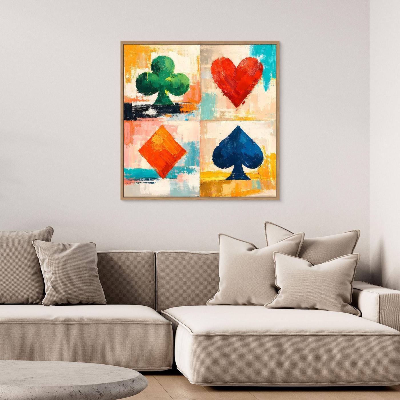 Quadratisches Leinwand-Wandbild mit Spielkarten-Symbolen: Herz, Karo, Pik und Kreuz