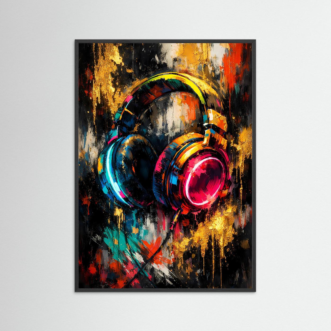 Musik-Poster mit abstrakten Kopfhörern in Blau, Rot und Gold im schwarzen Rahmen
