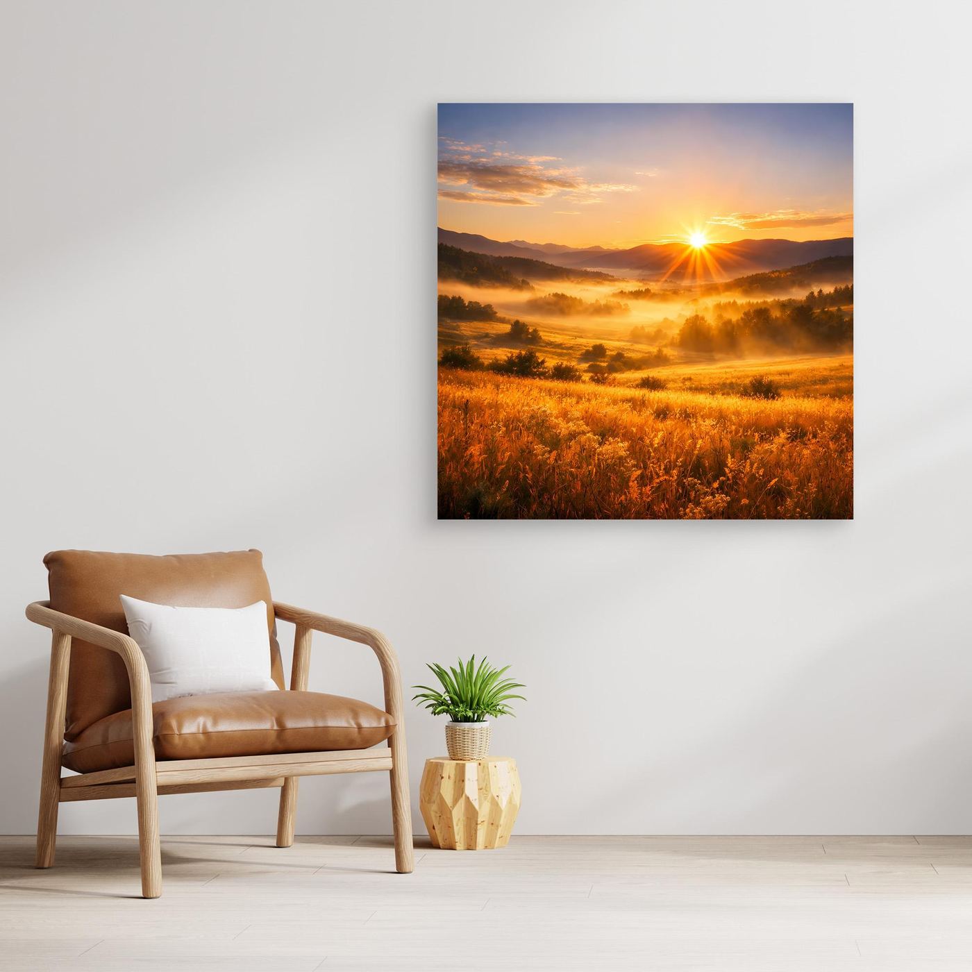 Leinwandbild Sonnenaufgang im Bergtal ohne Rahmen, goldene Wiesen und Sonnenstrahlen
