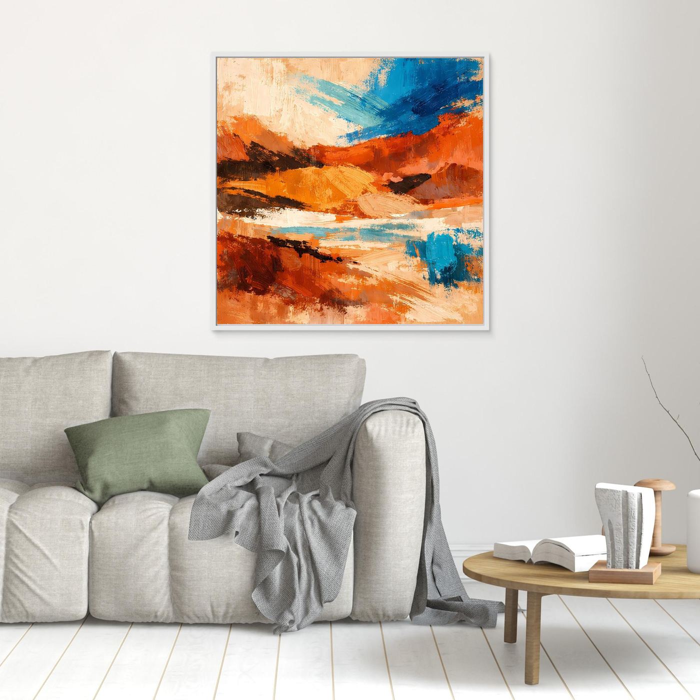 Gerahmtes abstraktes Leinwand-Wandbild, expressive Pinselstriche in Orange und Blau