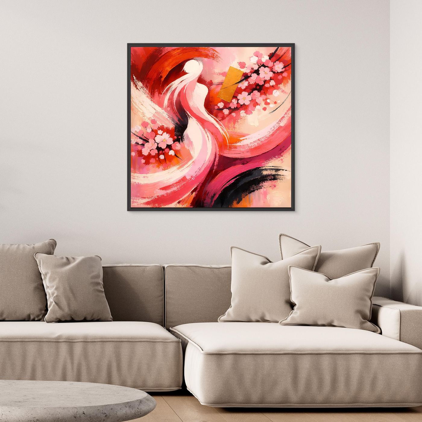 Japanisches Leinwand-Wandbild mit Kirschblüten und abstrakter Silhouette, rot-rosa, im schwarzen Rahmen
