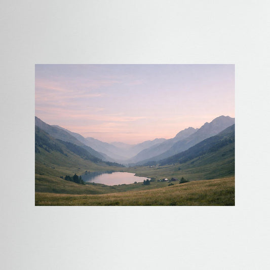 Naturposter im Querformat mit Alpen-Tal und ruhigem See im Morgenlicht