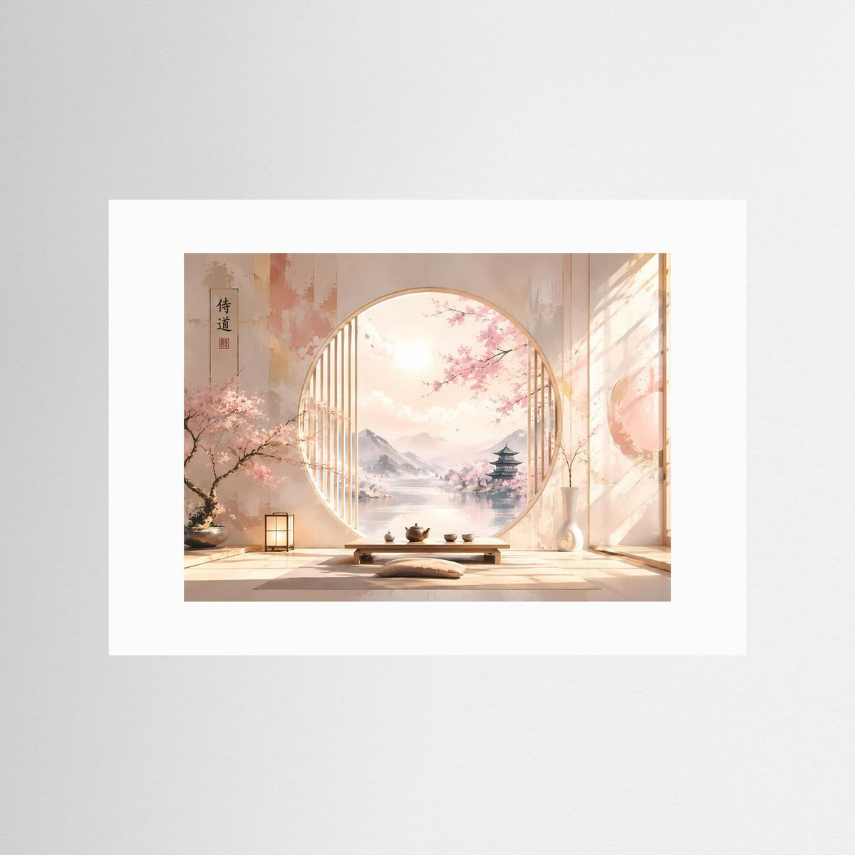 Kunstdruck mit Kirschblüten im Zen-Raum im weißen Passepartout, Rundbogen, Pagode