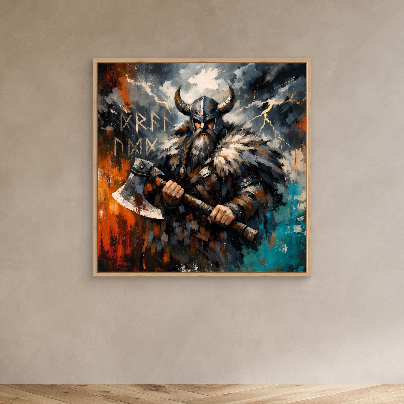 Leinwand-Wandbild: Wikingerkrieger mit Streitaxt im abstrakten Stil, mit hellem Holzrahmen
