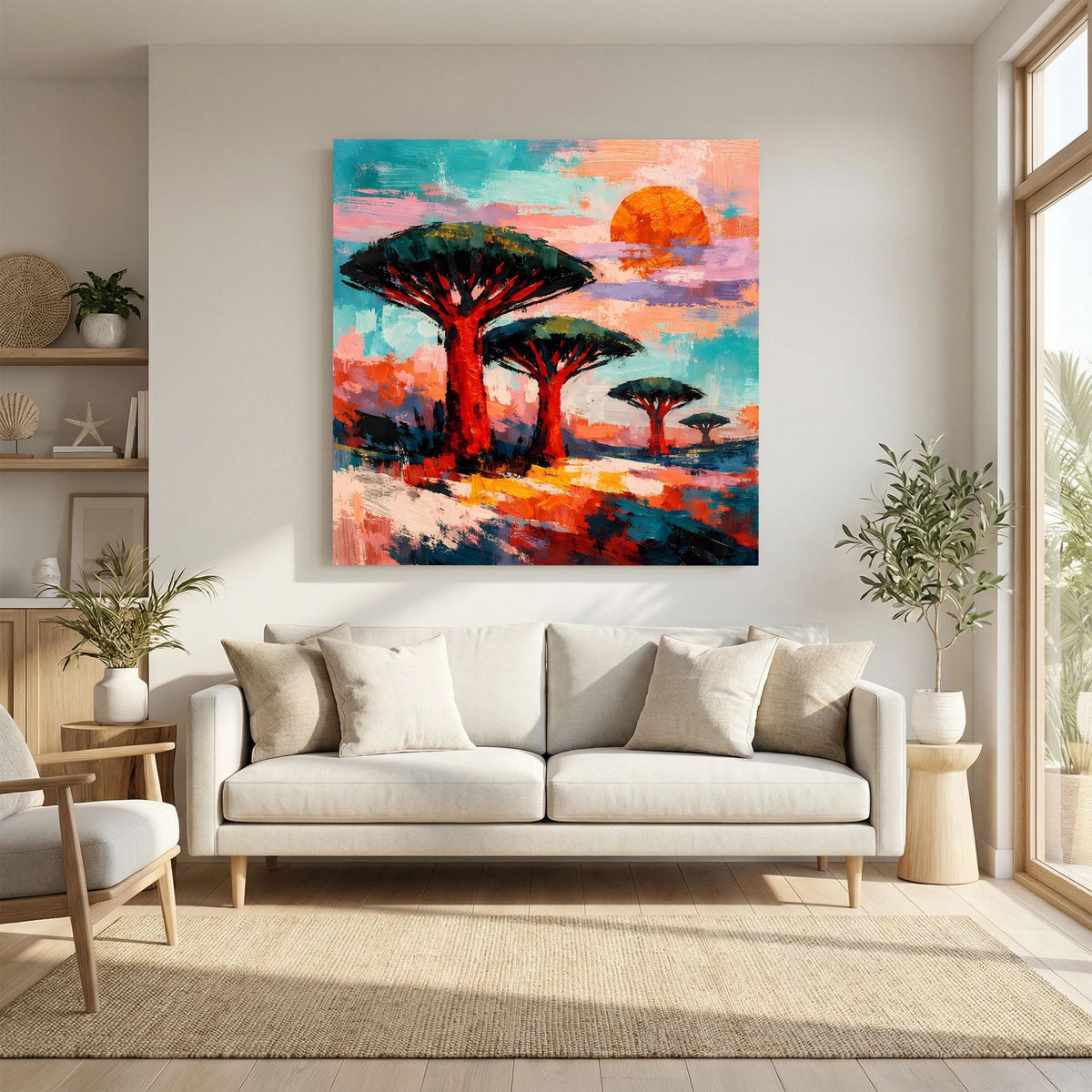 Ungefasstes Leinwandbild mit drei abstrakten Baumformen und orangefarbener Sonne