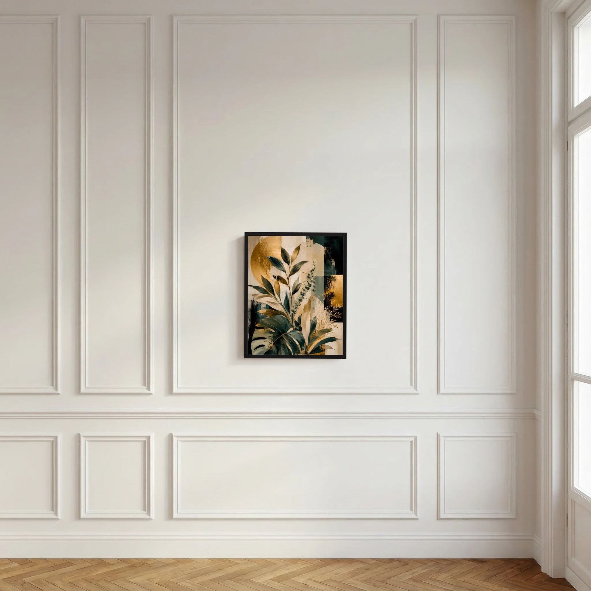 Gerahmtes Kunstposter mit Blättermotiv in Grün, Gold und Beige im Hochformat