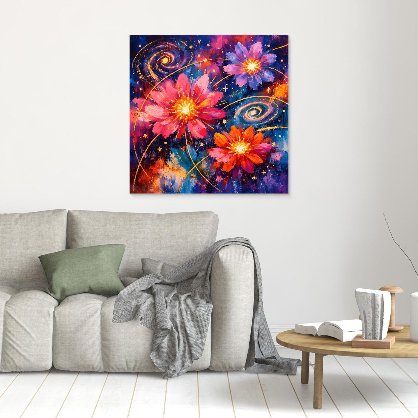Kleines Wandbild mit rosa Blüten und Sternenwirbeln, braun gerahmt