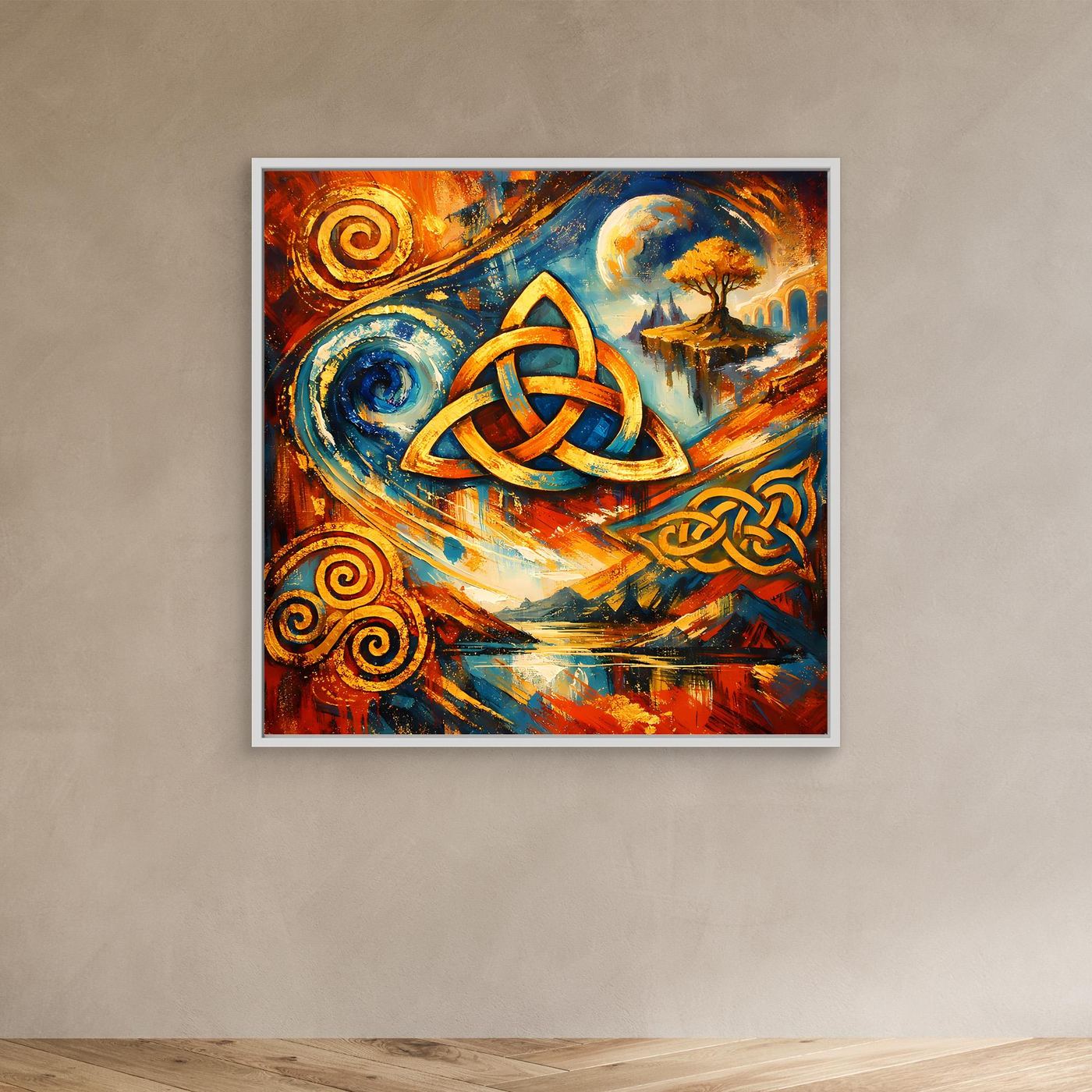 Leinwandbild mit keltischem Triqueta, abstrakte Szene in Blau und Orange, weiß gerahmt