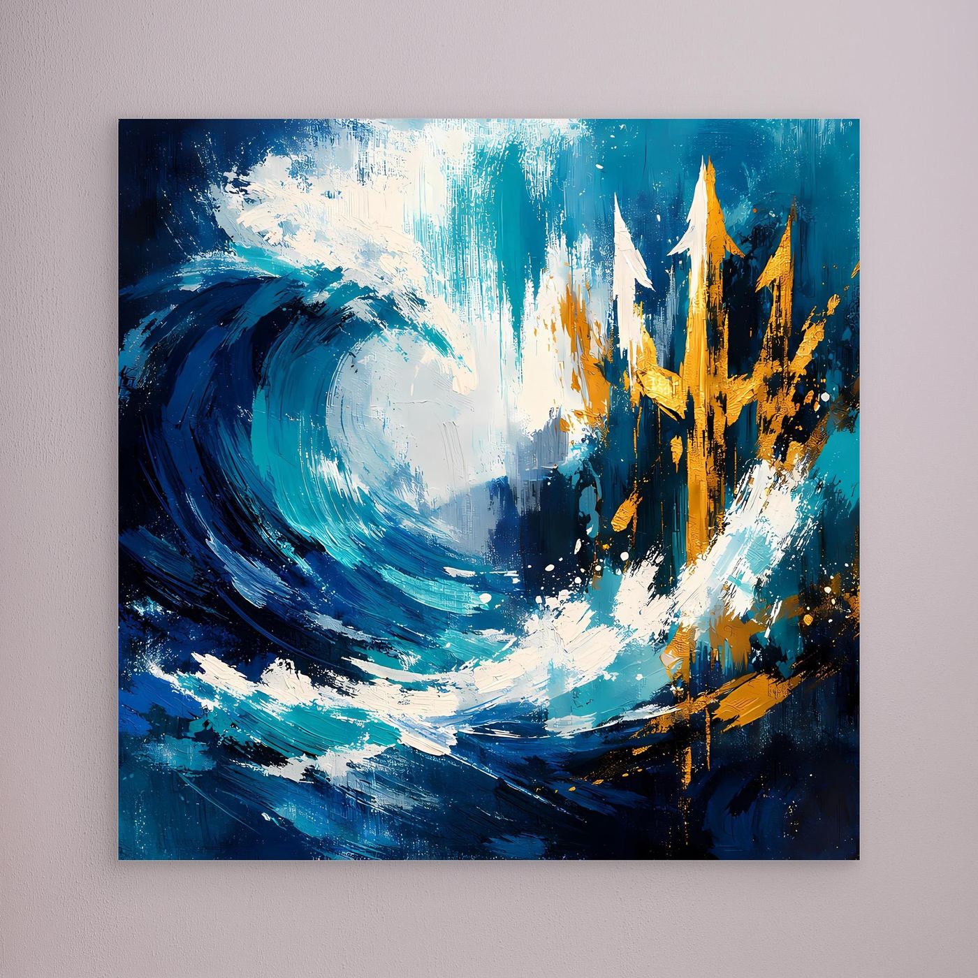 Unframed ocean wave canvas art with gold skyline and blue abstract brush strokes
