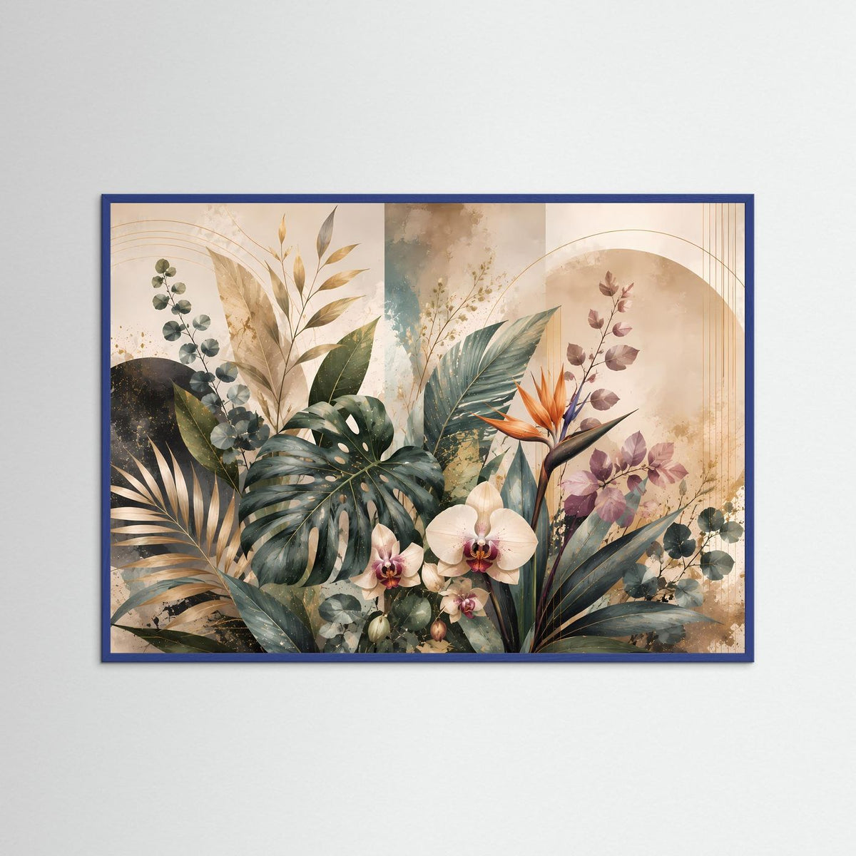 Botanisches Querformat-Poster mit tropischen Blättern und Orchideen, blauer Rahmen