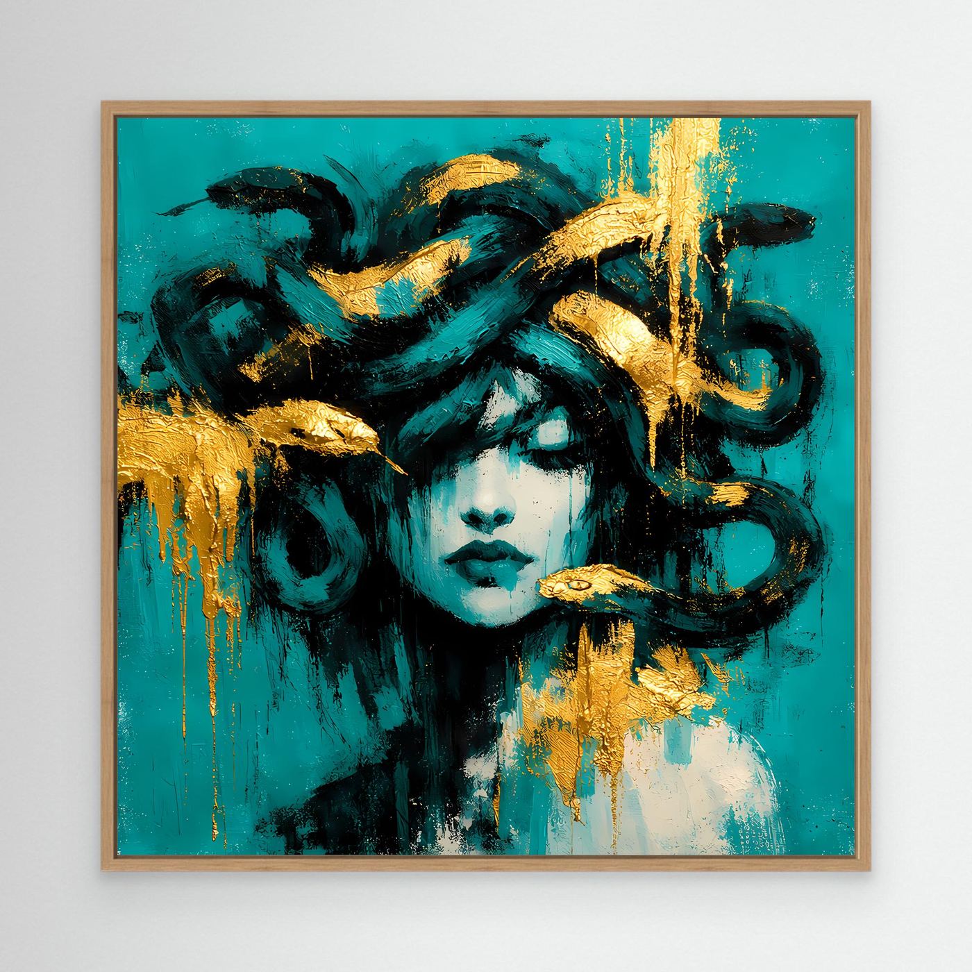 Leinwand Mythische Medusa in Türkis und Gold | Abstraktes Gorgonen Wandbild