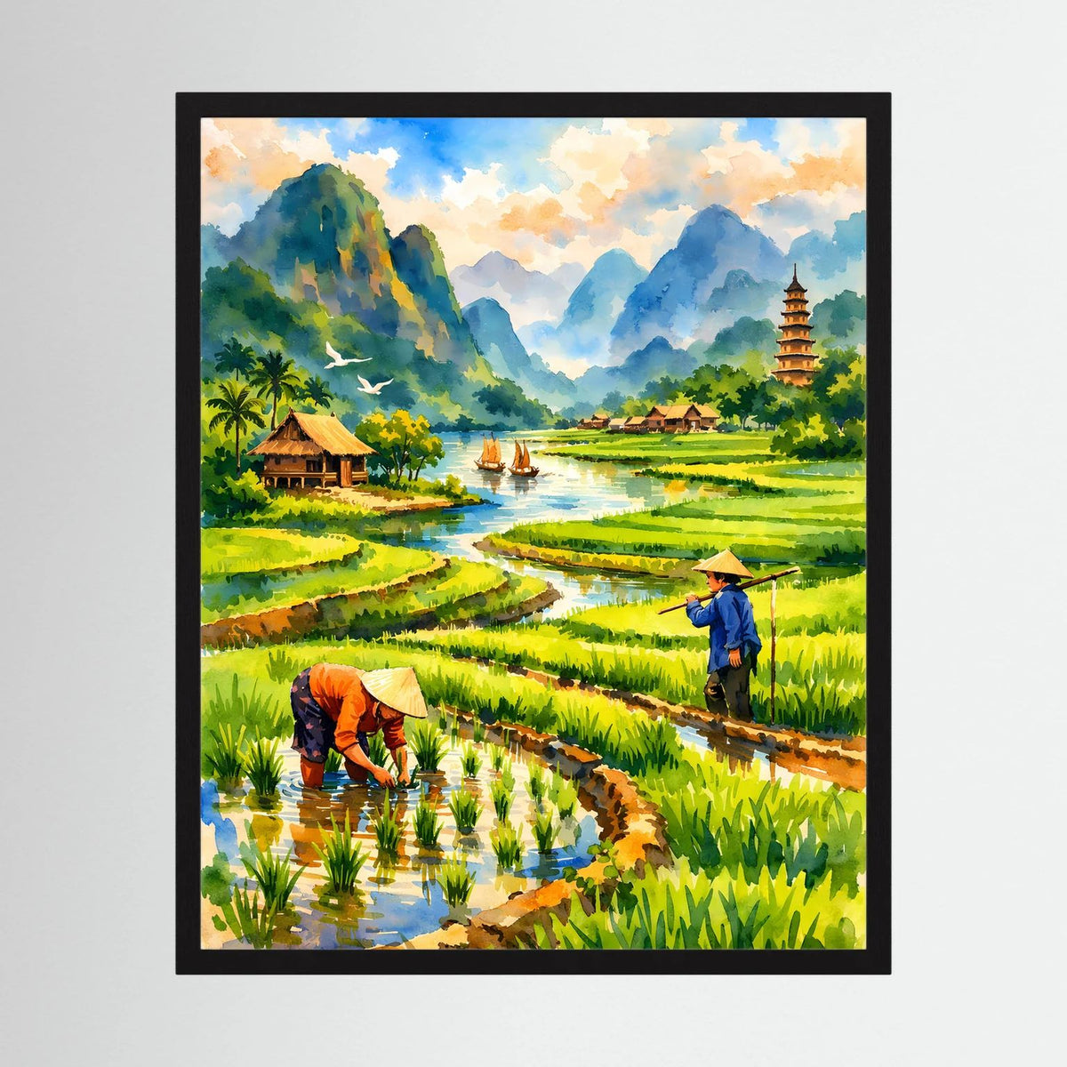 Schwarz gerahmtes Hochformat-Wandposter mit Reisfeldern, Fluss und Pagode
