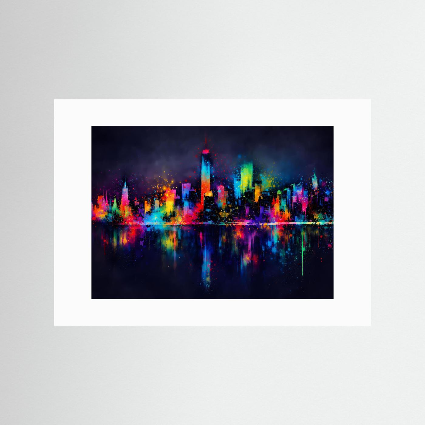 Wandbild mit abstrakter Großstadt-Skyline bei Nacht im weißen Passepartout, bunte Farbspritzer und Reflexion