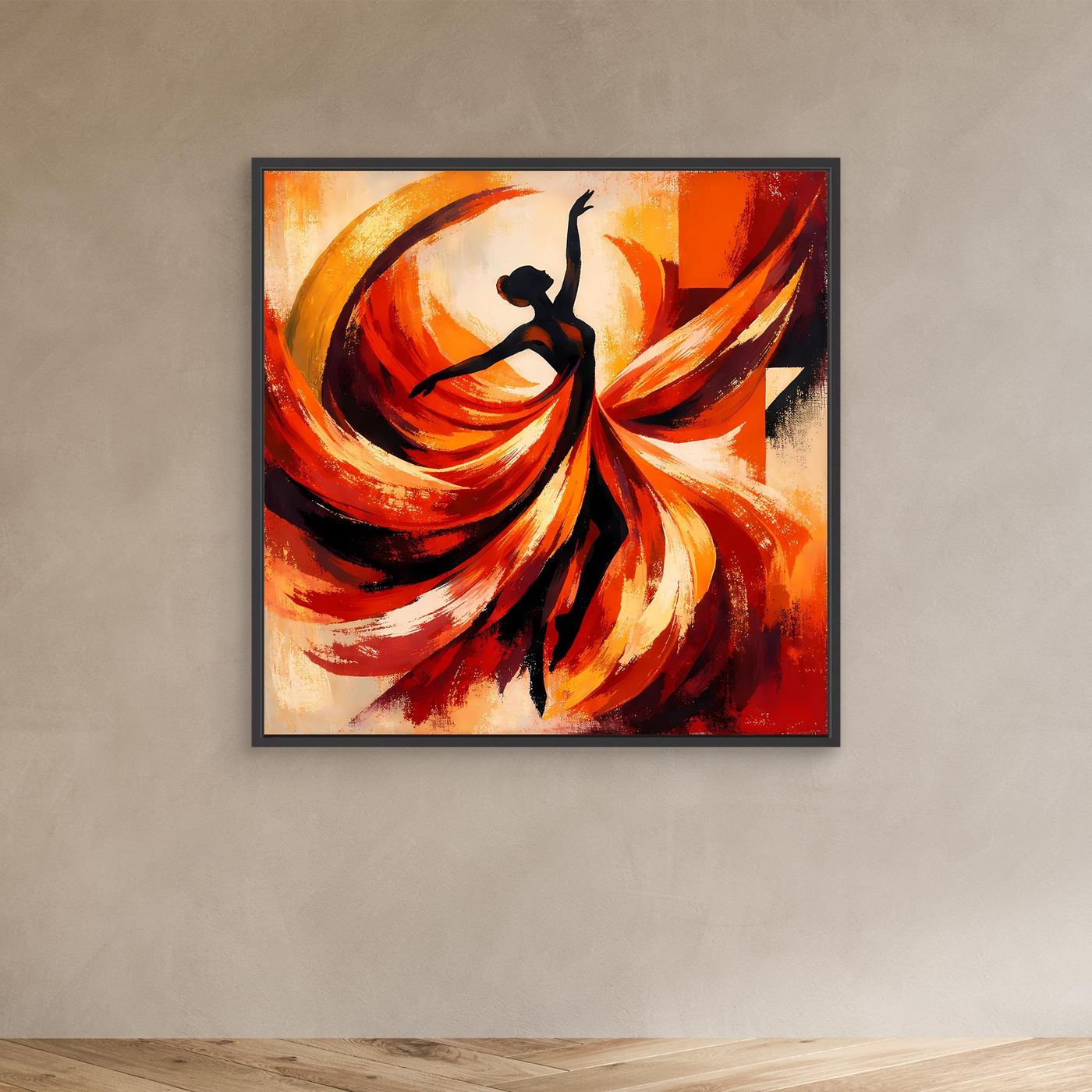 Leinwandbild mit abstrakter Ballerina-Silhouette und feurigen Rot-Orange-Wirbeln im schwarzen Rahmen