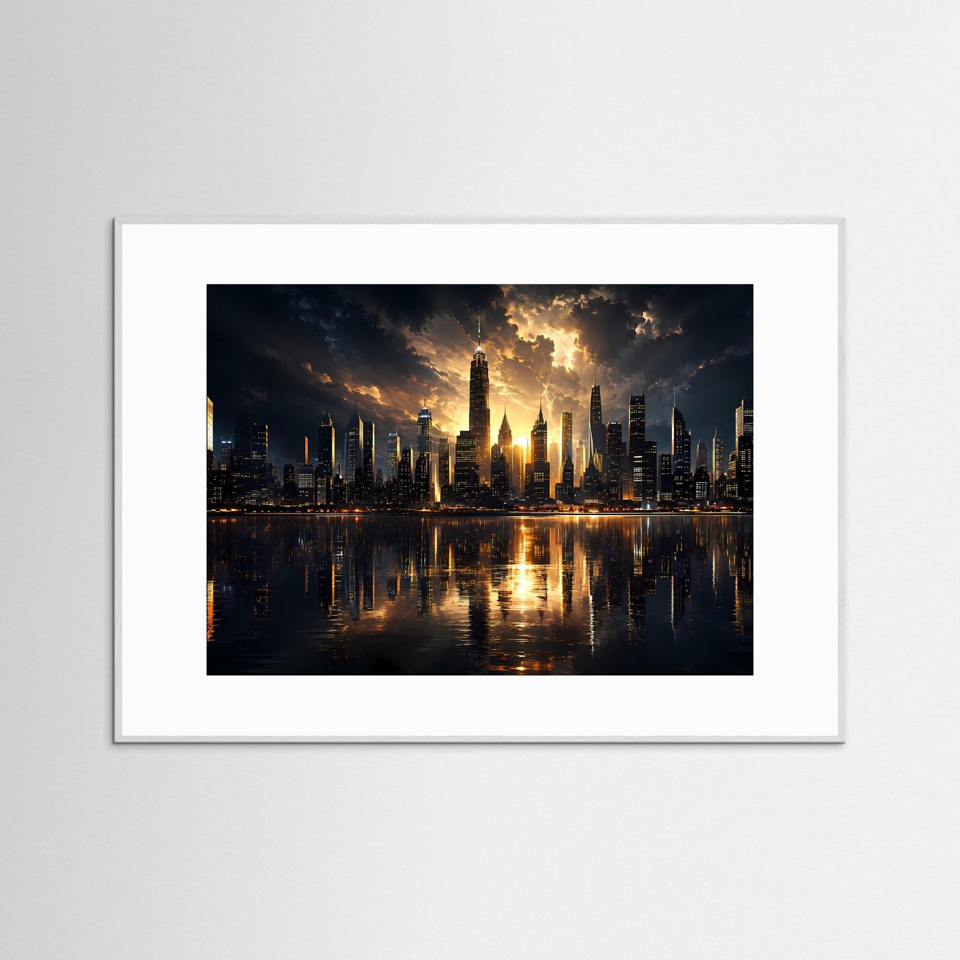 Skyline Poster Gold Schwarz | Moderne Wolkenkratzer bei Sonnenuntergang | City Skyline Wandbild | Luxus Architektur | Leinwand | Premium Wall Art