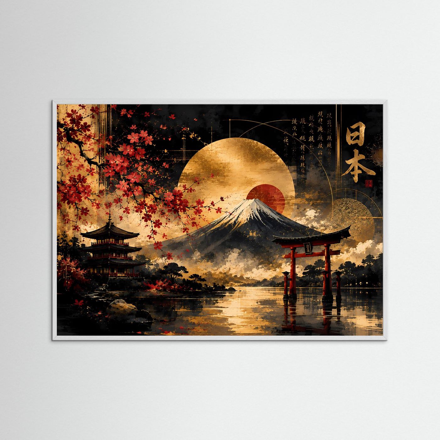 Japanische Landschaft mit Fuji, Kirschblüten und Torii | Goldene Sonne über Pagode und Wasser | Asiatische Wandkunst in Schwarz, Gold und Rot im Querformat