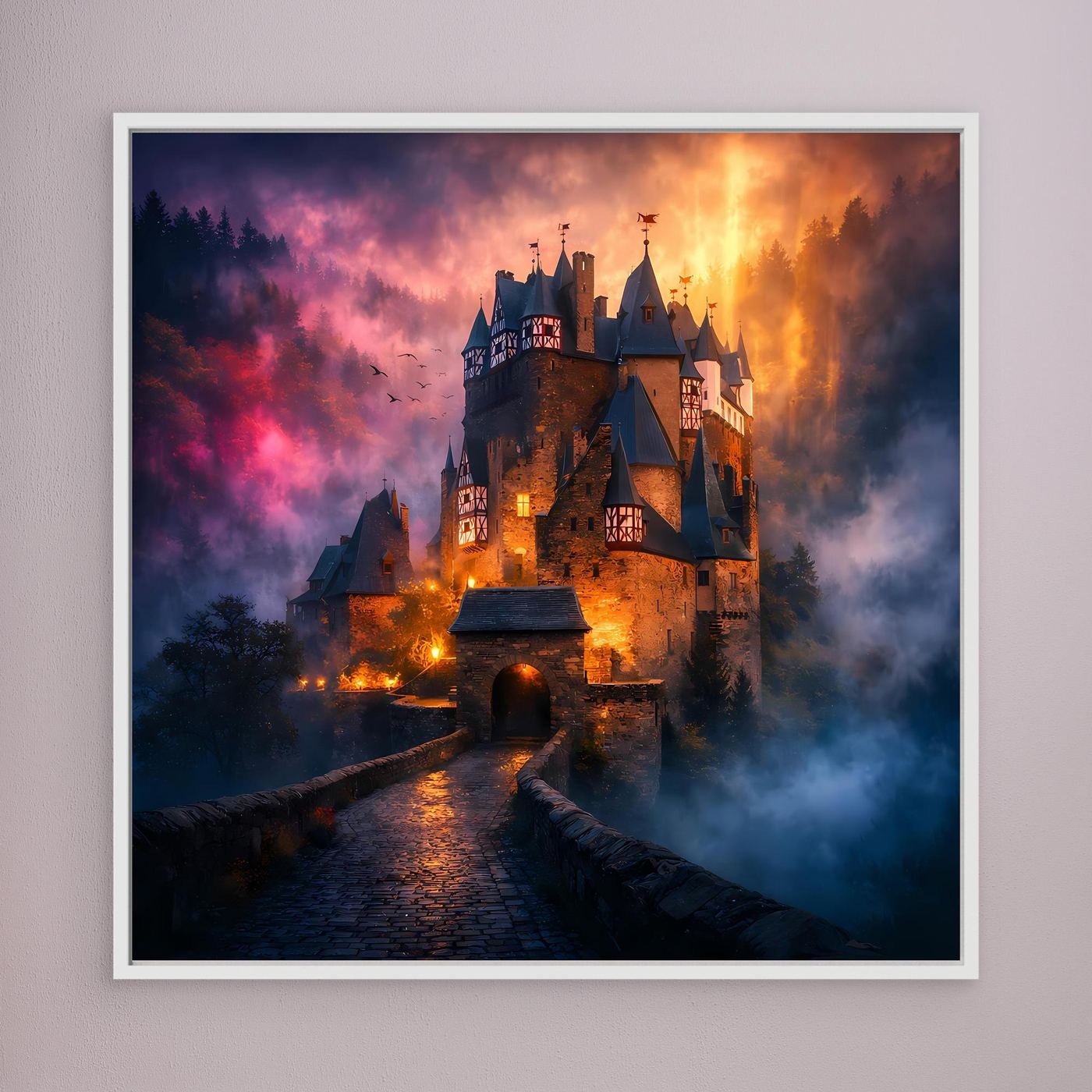 Leinwand Mystische Ritterburg im Nebel | Abstraktes Märchenschloss Wandbild