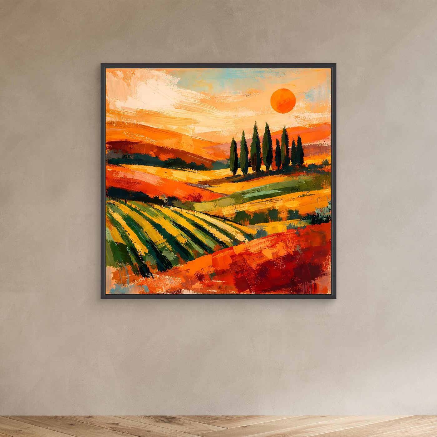 Leinwand-Wandbild mit toskanischer Hügellandschaft und Zypressen, Sonnenuntergang, schwarzer Rahmen