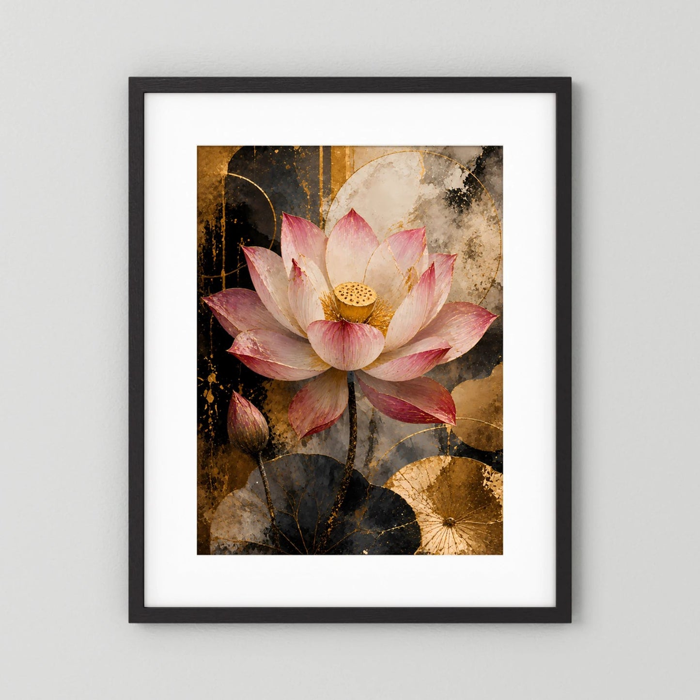 Rosa Lotusblüte in Gold & Schwarz | Elegante florale Kunst | Poster Hochformat