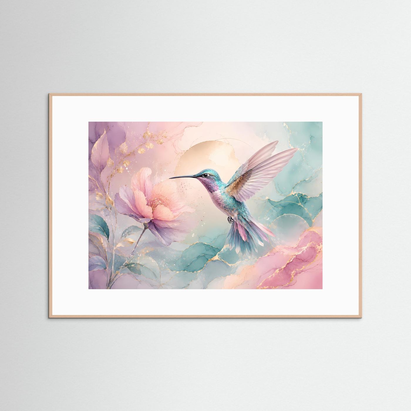 Kolibri Wandbild Pastell | Blüten Poster Rosa Türkis | Elegante Botanische Wandkunst | Moderne Leinwand mit Goldakzenten | Fine Art