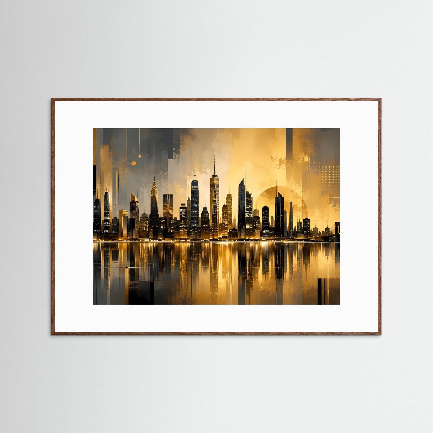 Goldene Skyline am Wasser | Moderne abstrakte City Kunst
