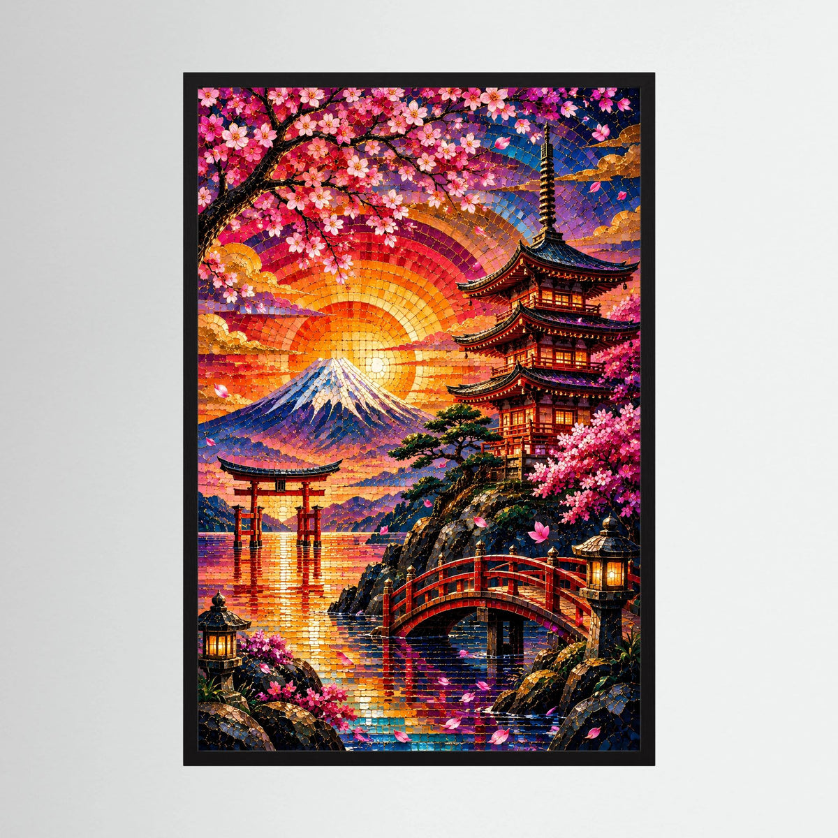 Hochformatiges Poster mit schwarzem Rahmen und mosaikartigem Motiv von Fuji, Pagode und Kirschblüten