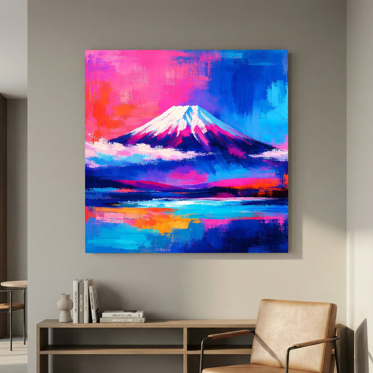Leinwandbild mit Fuji-Motiv und farbiger Spiegelung, moderne Pinseloptik