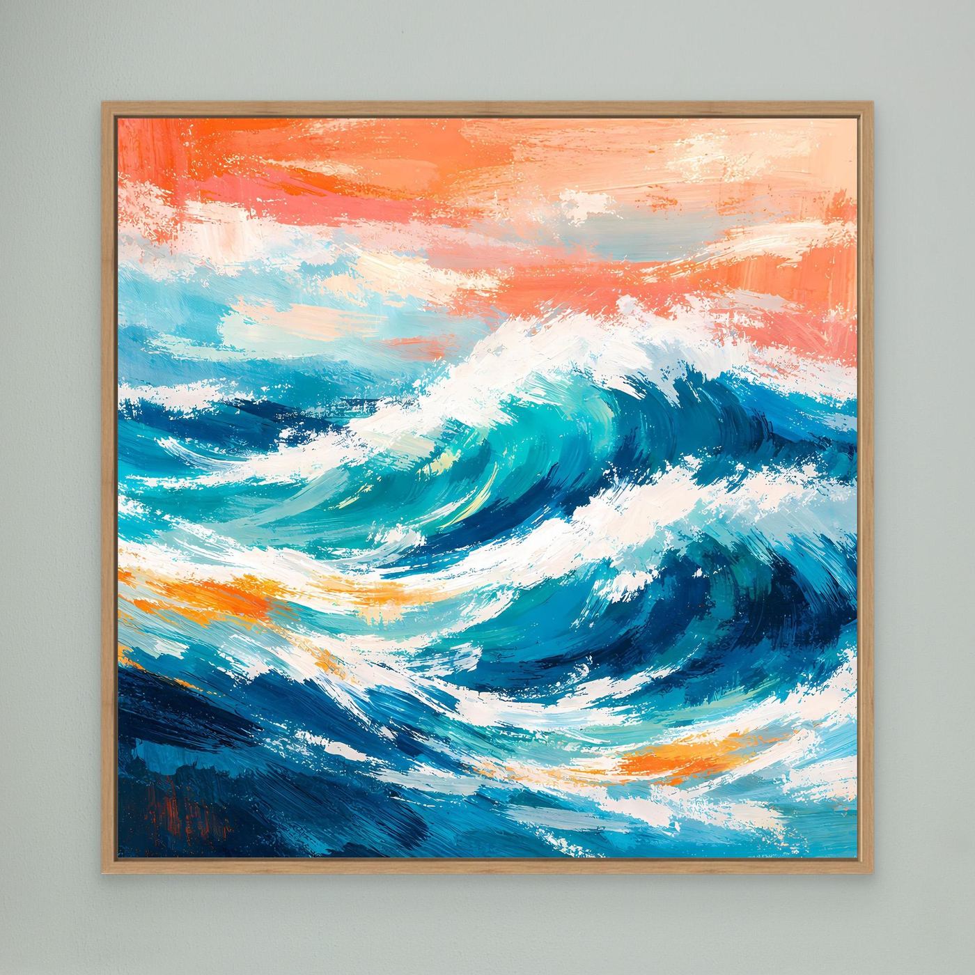 Leinwand-Wandbild mit türkisblauer Meereswelle, orange Himmel, Eichenholzrahmen