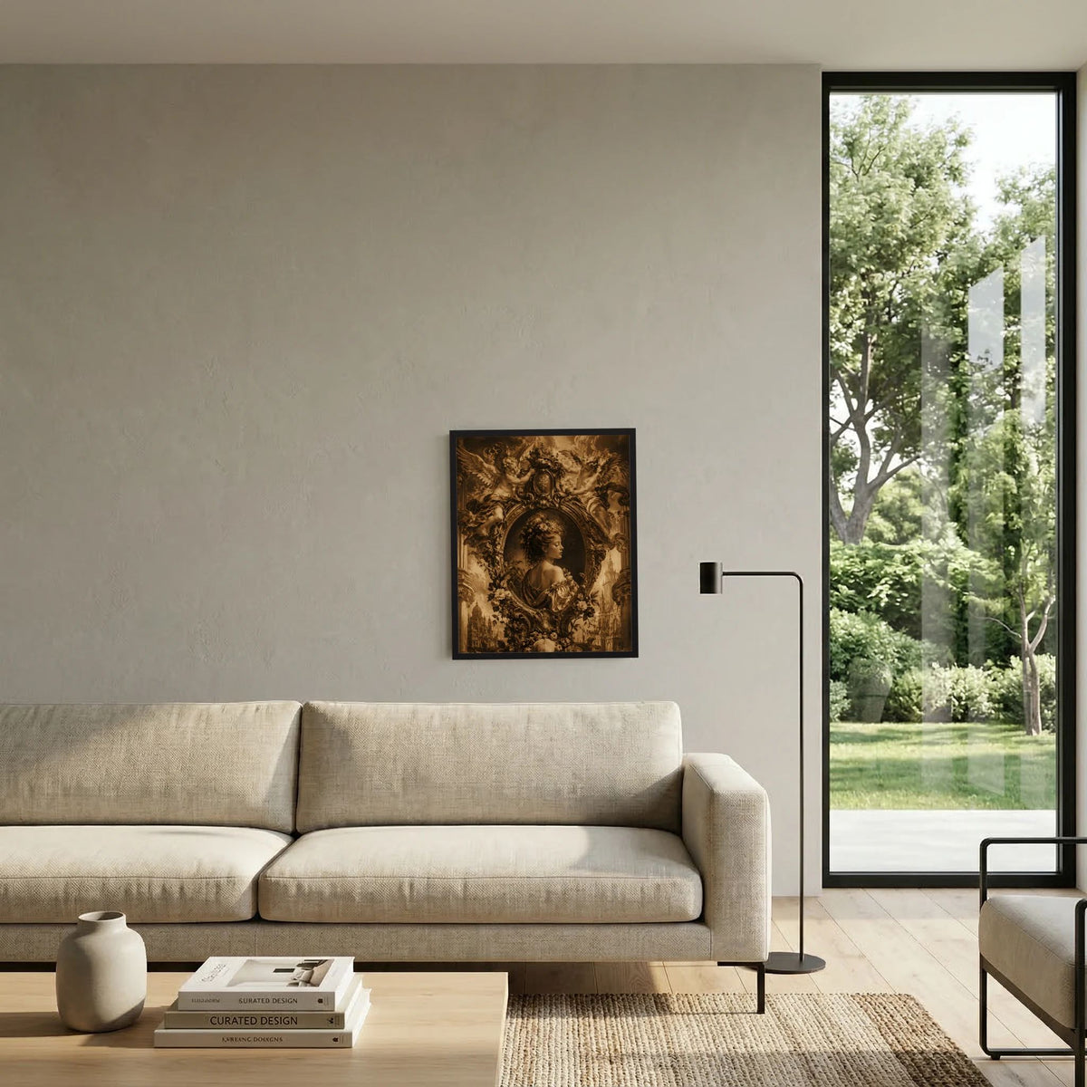 Gerahmtes Barockposter an Wand am Fenster: Frau im Oval mit Engeln