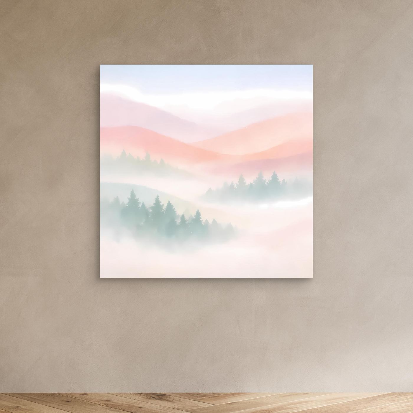 Leinwandbild mit nebligem Bergmotiv in Pastellrosa und Türkisgrün