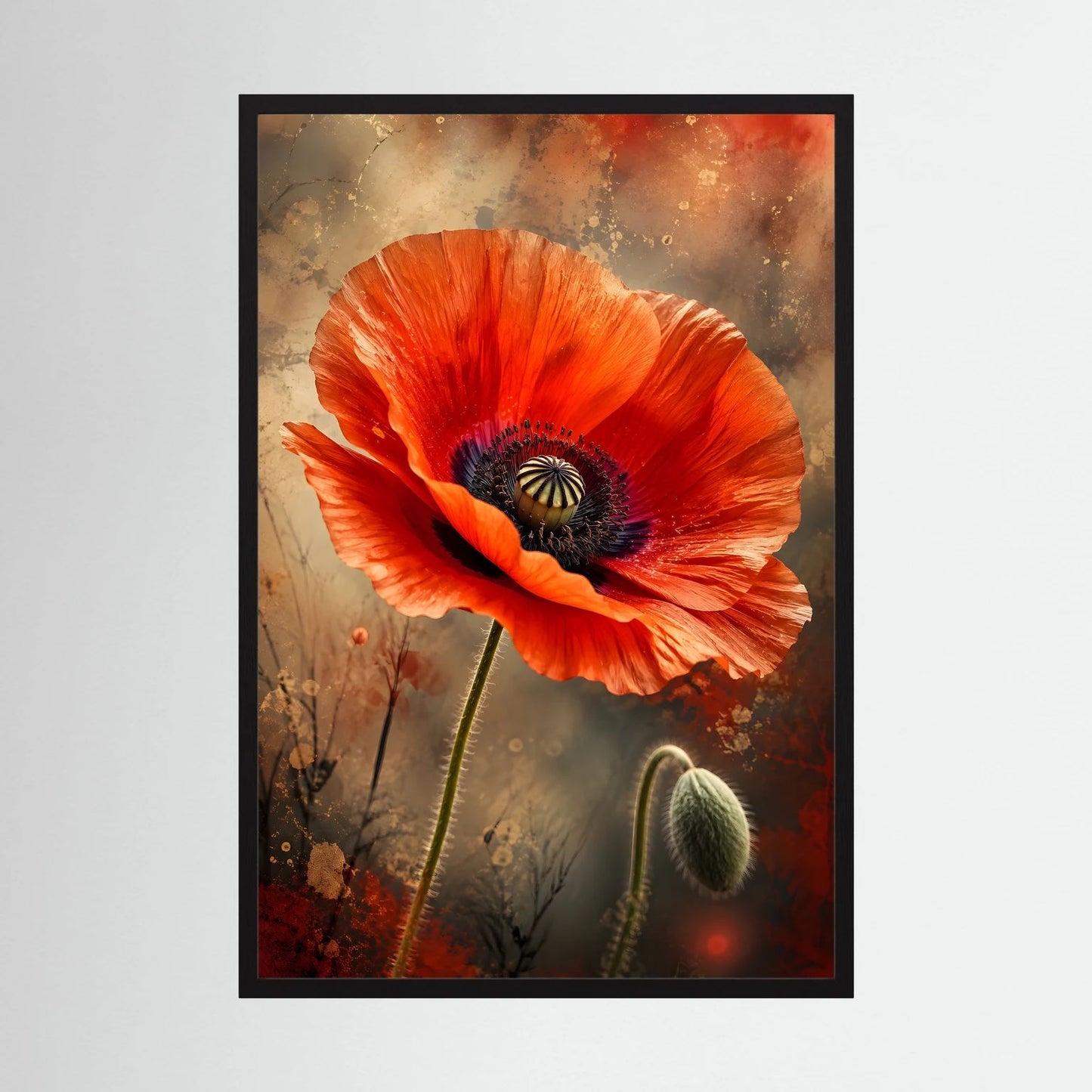 Hochformatiges Mohnblumen-Poster mit roter Mohnblüte in Nahaufnahme, schwarzer Rahmen