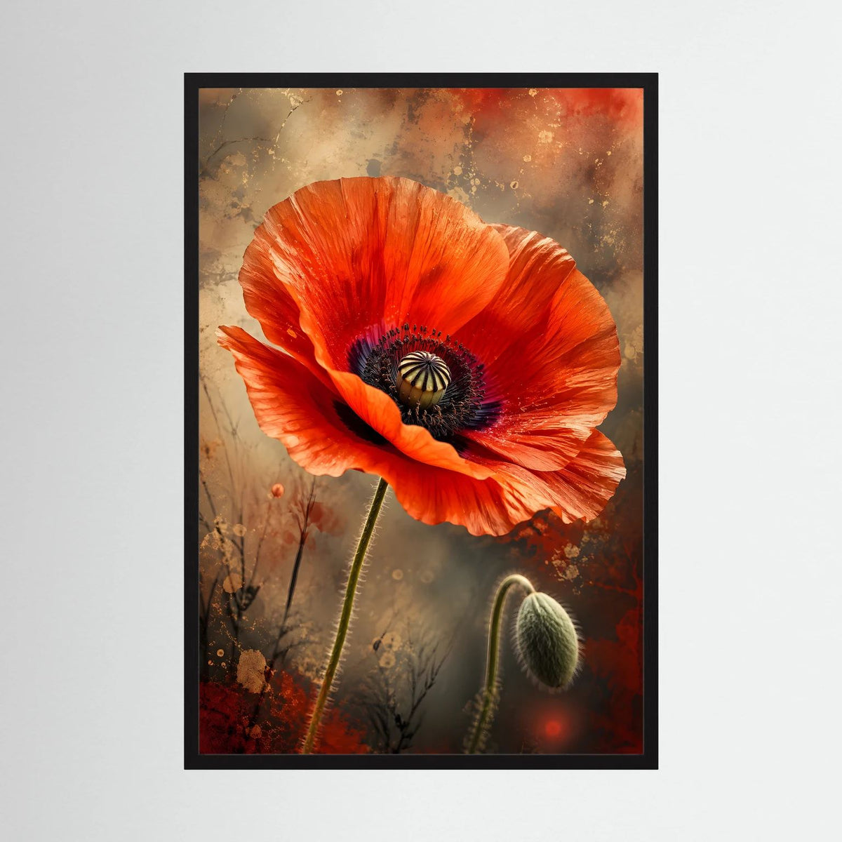 Hochformatiges Mohnblumen-Poster mit roter Mohnblüte in Nahaufnahme, schwarzer Rahmen