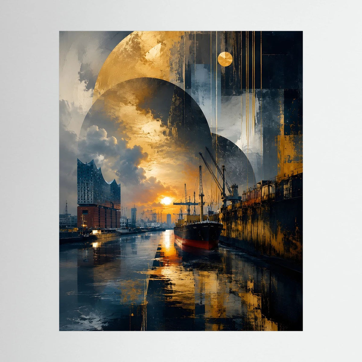 Abstraktes Poster im Hochformat: goldene Halbkreise über dunklem Hafen in Blau