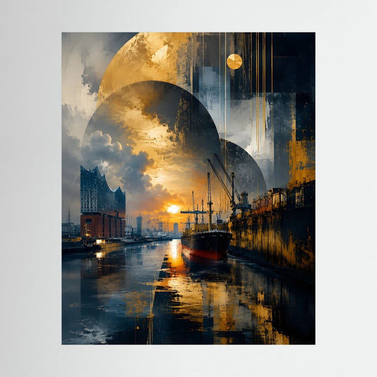 Abstraktes Poster im Hochformat: goldene Halbkreise über dunklem Hafen in Blau