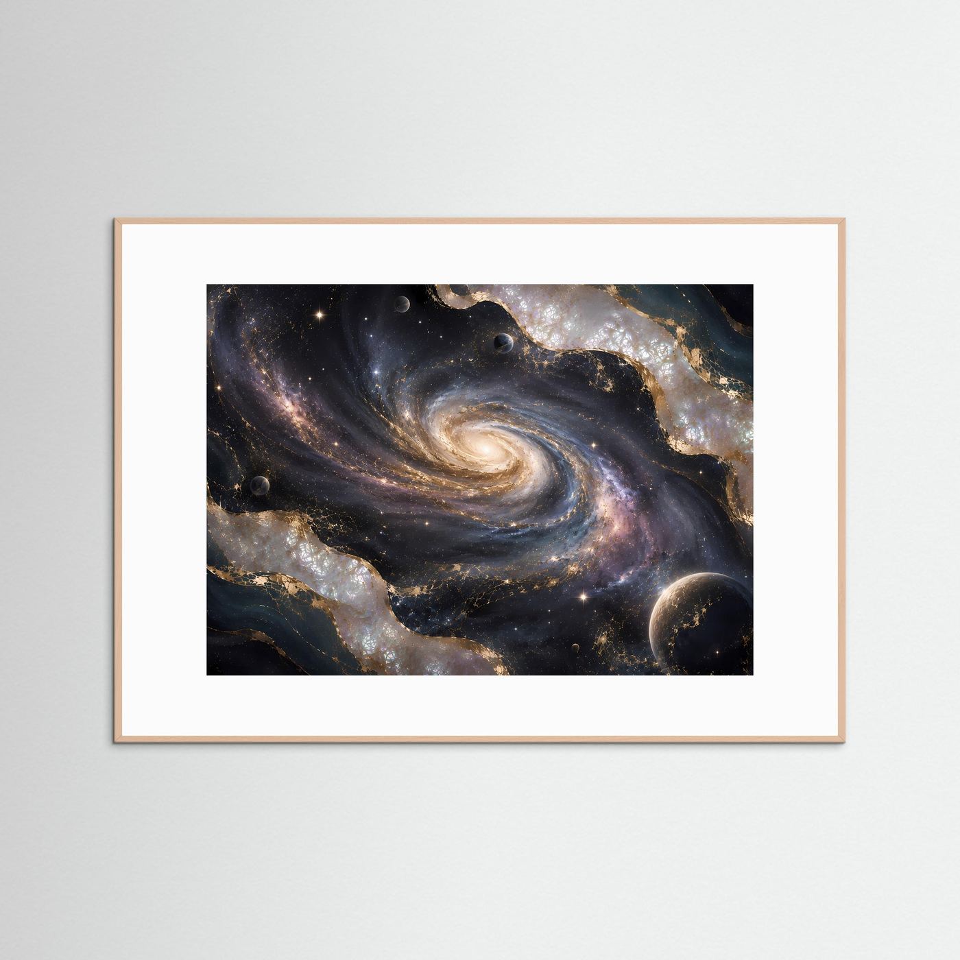 Poster mit Galaxie und Planeten in Blau-Gold, Querformat, weißer Holzrahmen