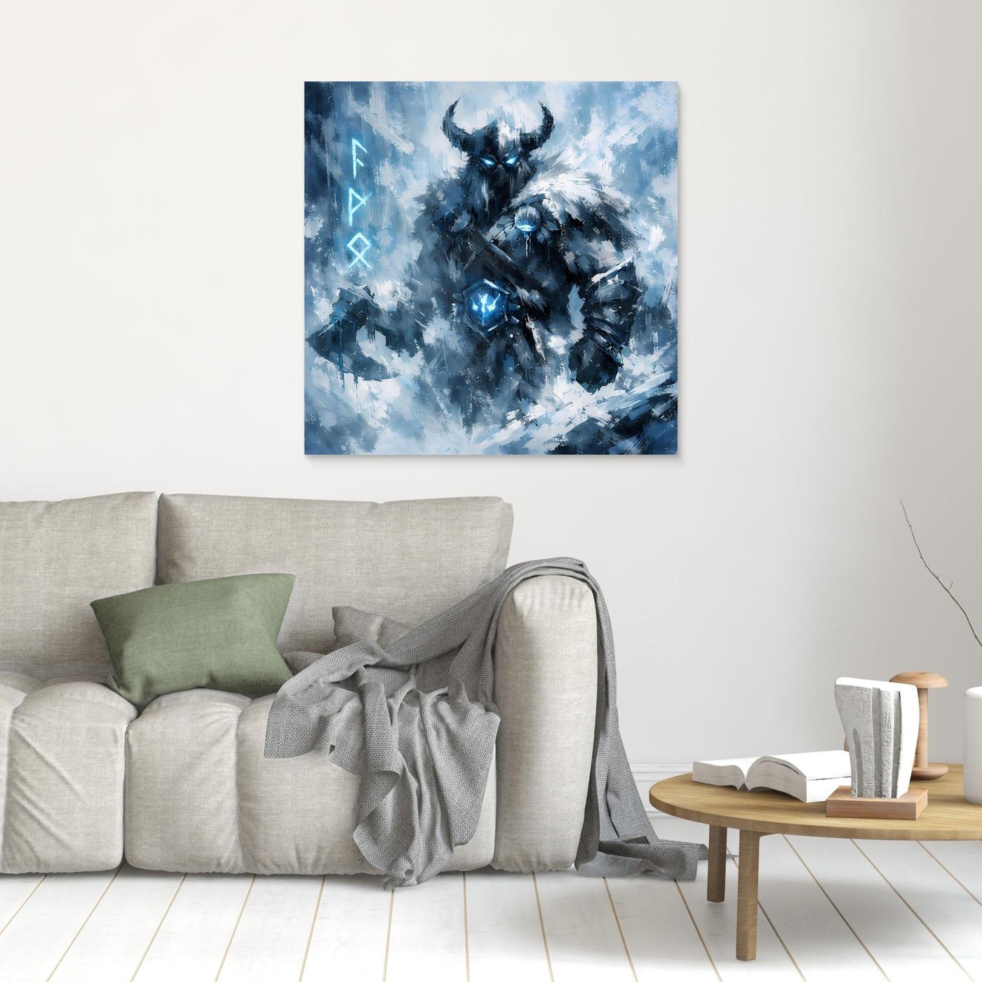 Wandbild mit blau-schwarzem Eis-Krieger-Motiv, ohne Rahmen.