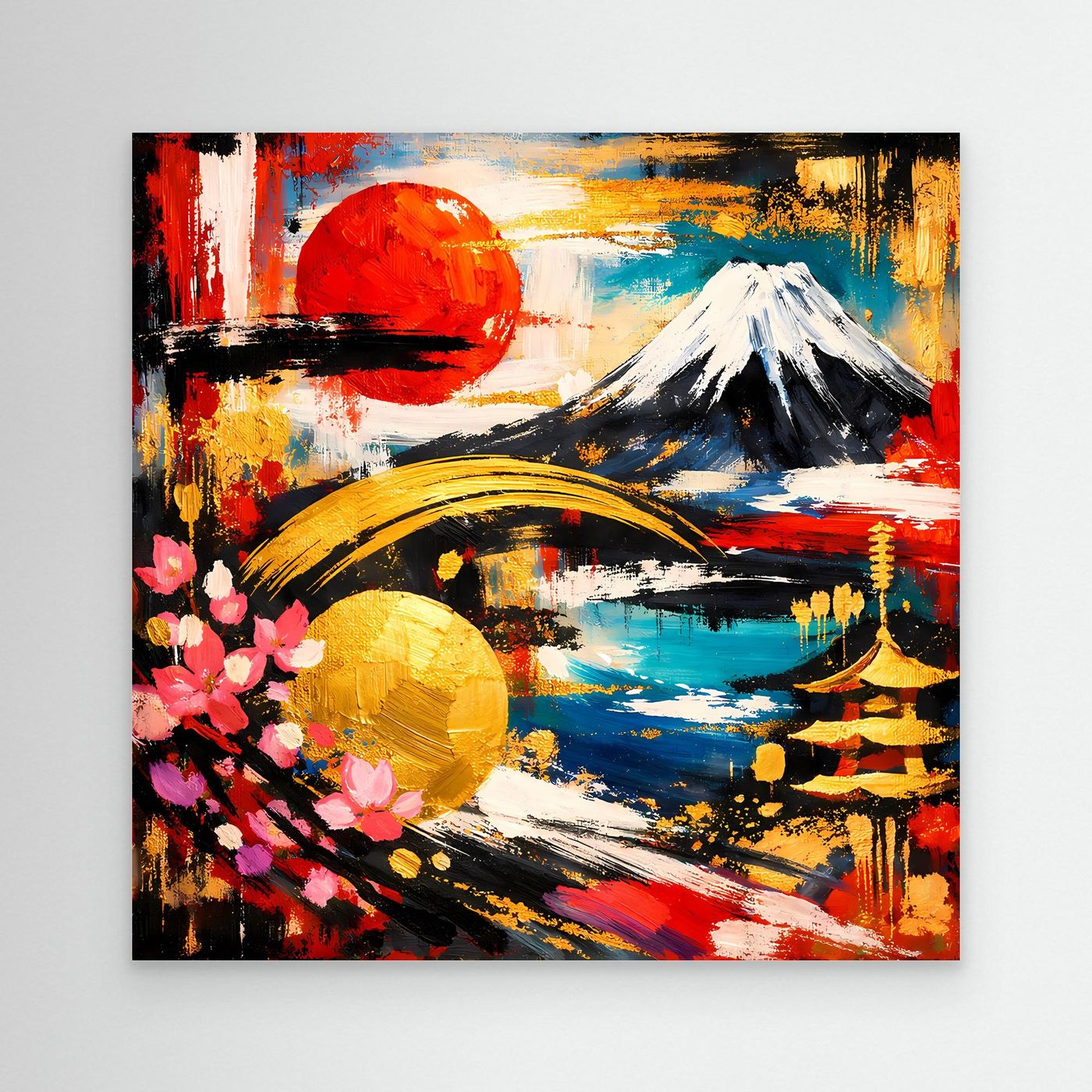 Leinwandbild mit abstraktem Fuji, roter Sonne, Kirschenblüten und Teich in Blau und Gelb