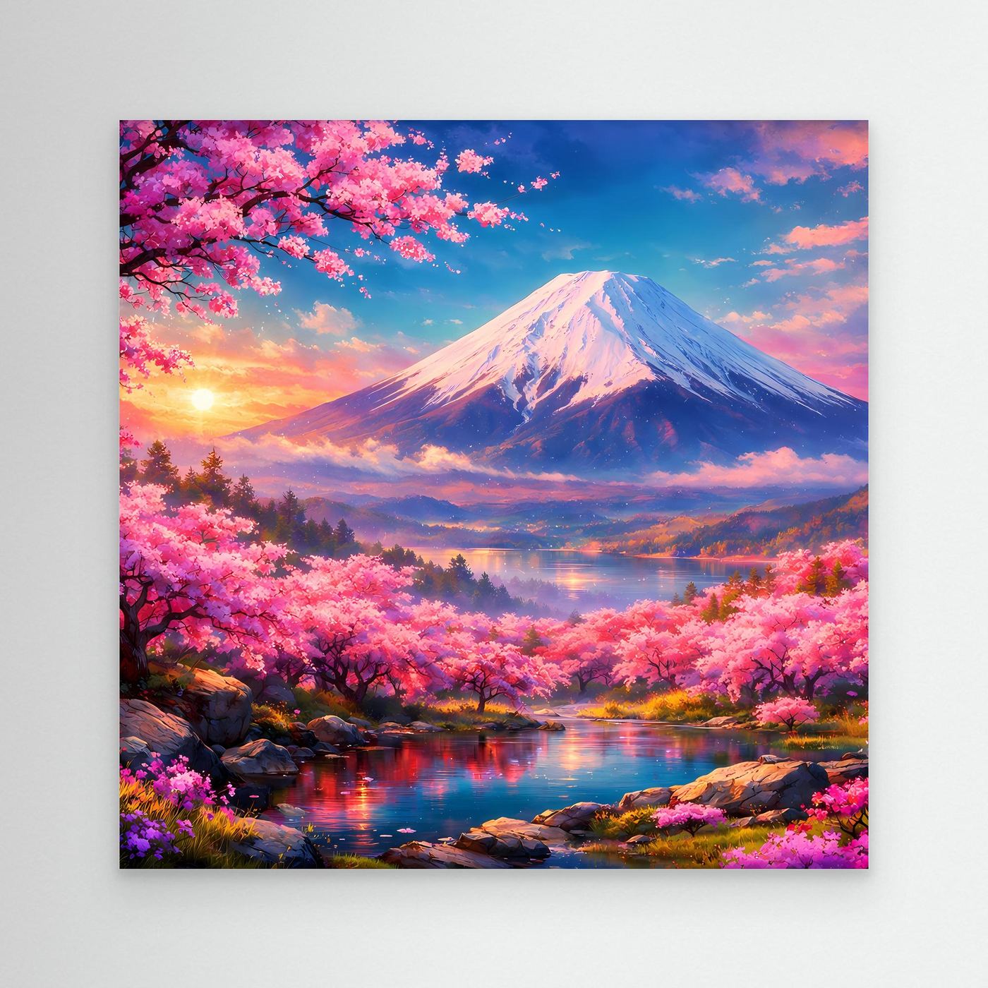 Leinwandbild Magischer Fuji & Kirschblüte | Japanisches Frühlingserwachen Wandbild auf echtem Holzkeilrahmen
