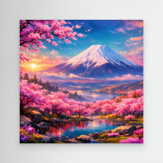Leinwandbild Magischer Fuji & Kirschblüte | Japanisches Frühlingserwachen Wandbild auf echtem Holzkeilrahmen