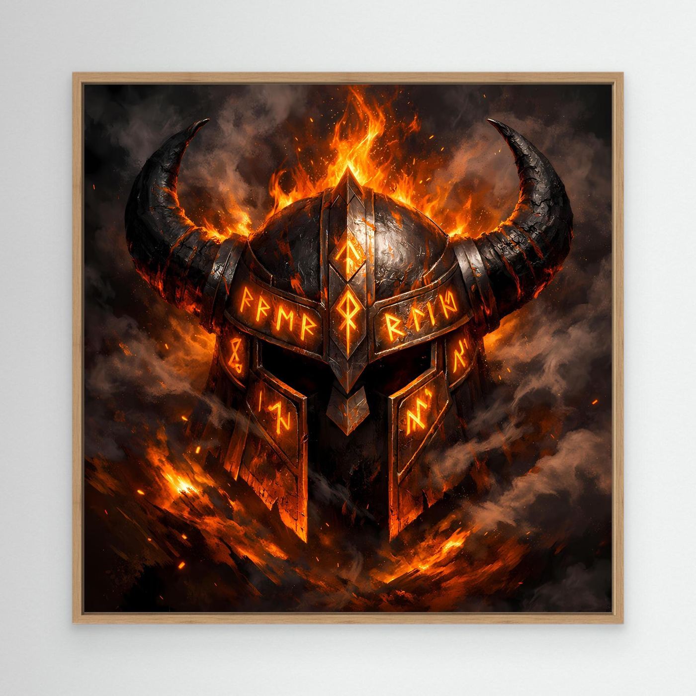 Leinwand-Wandbild mit flammendem Wikingerhelm und Runen, Eichenrahmen