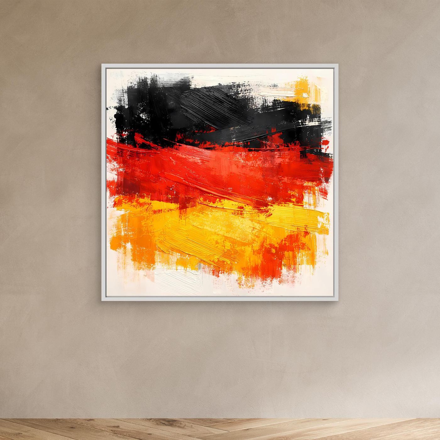 Abstract Germany flag canvas with red, yellow, and black brushstrokes and paint marks