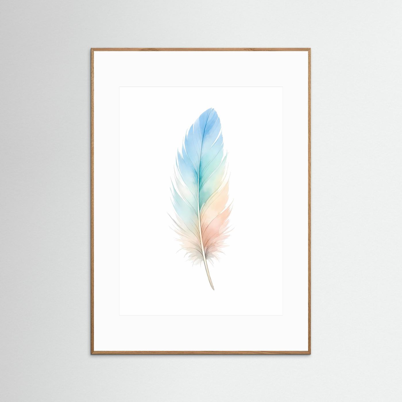 Wandposter mit Aquarellfeder im Pastell-Farbverlauf, heller Holzrahmen, Hochformat