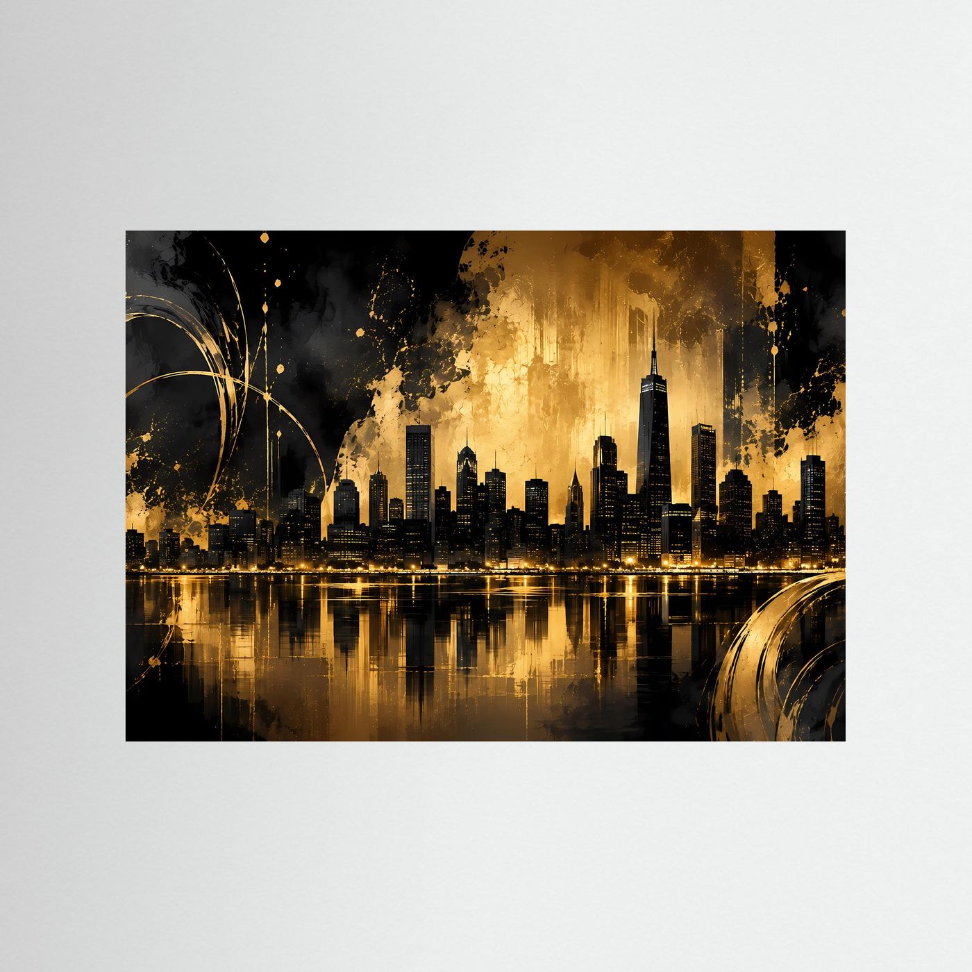 Goldene Skyline bei Nacht | Abstrakte Metropole in Schwarz und Gold mit leuchtender Spiegelung | Luxuriöse moderne City-Wandkunst im Querformat