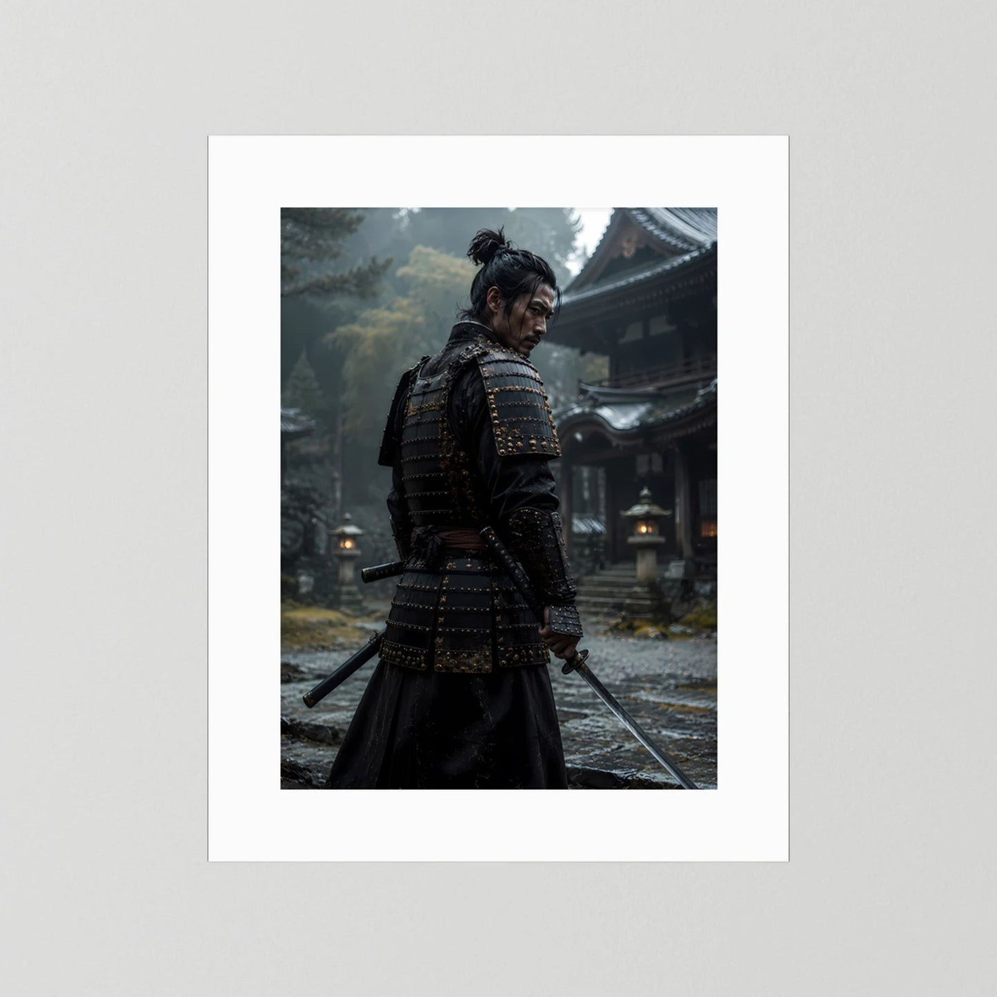 Poster im Hochformat mit Samurai in schwarzer Rüstung im Tempel, ohne Rahmen