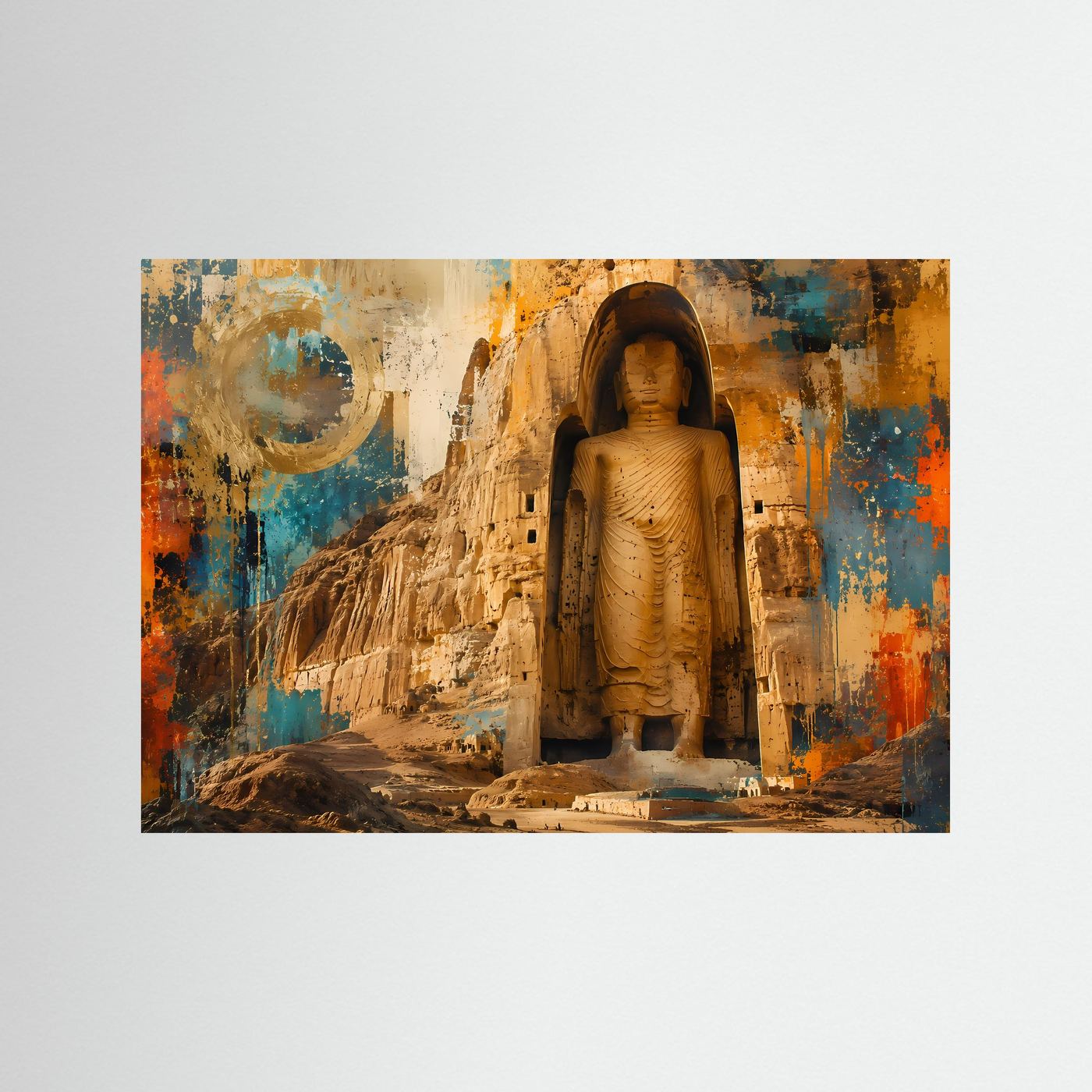 Bamiyan Buddha Poster | Abstrakte Buddhistische Wandkunst | Spirituelle Felsstatue | Modernes Zen Wandbild