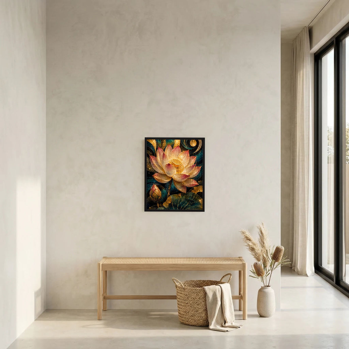 Gerahmtes Poster mit goldener Lotusblüte im Mosaikdesign, Schwarzrahmen