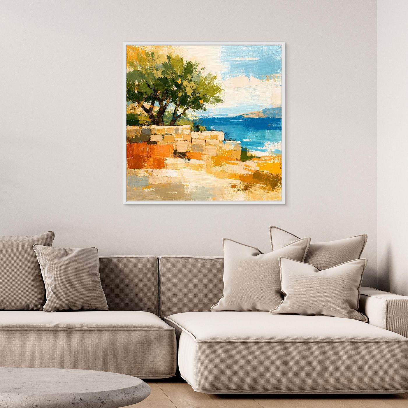 Leinwand Olivenbaum an der Mittelmeerküste | Abstraktes Natur Strand Wandbild